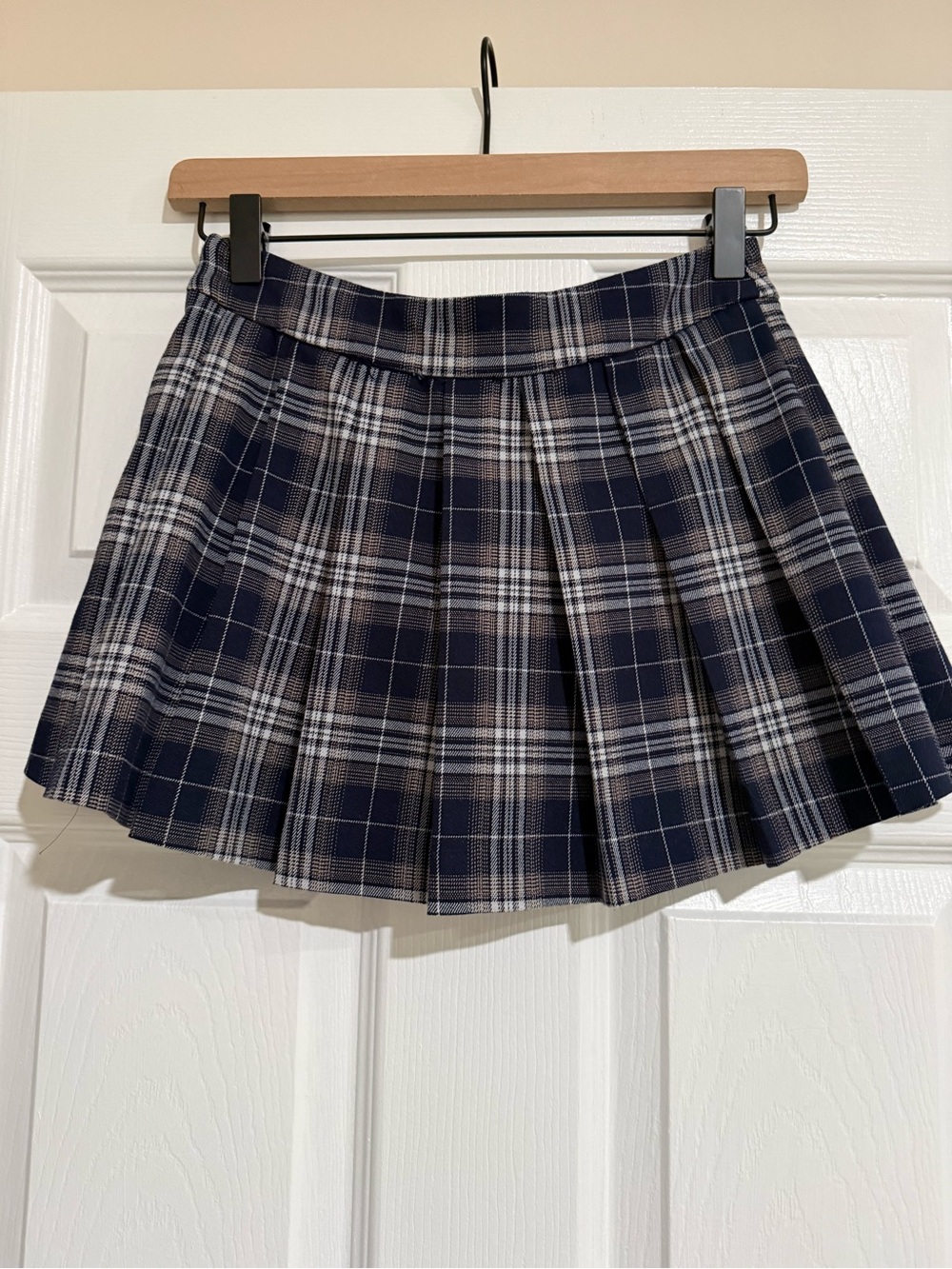 Garage Navy and White Plaid Pleated Skater Skirt